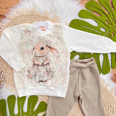 Conj. Blusa de Moletom com Pelinho Coelhinha e Calça de Moletinho - Off White e Areia